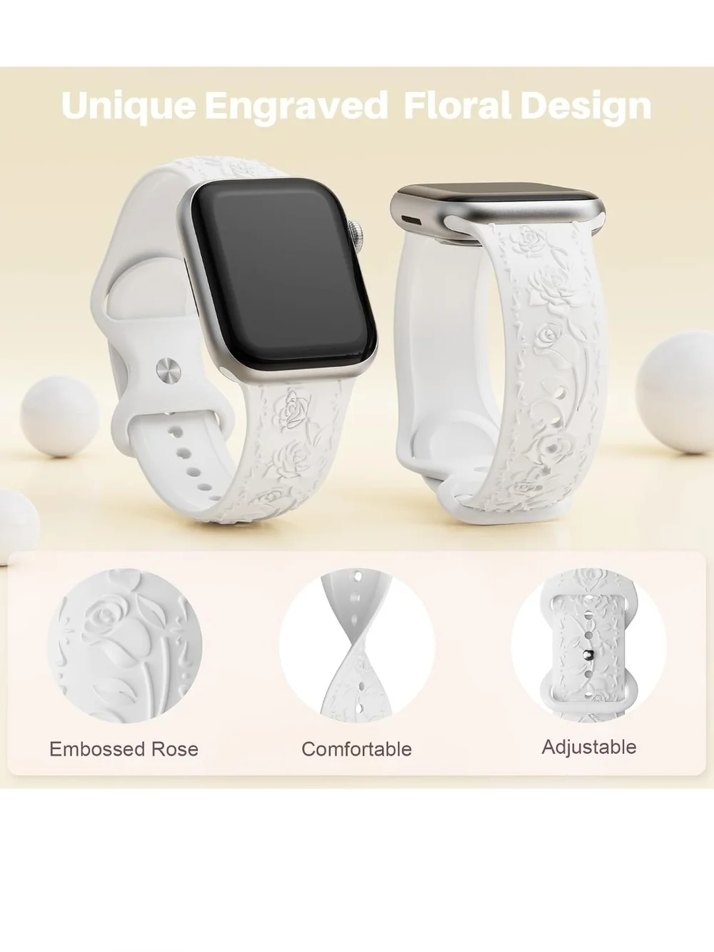 White & BLACK Floral Embossed Silicone Smartwatch Band